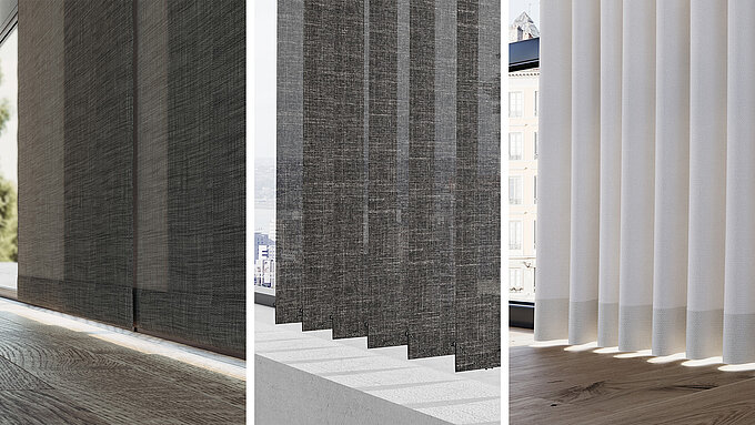 Vergleich von Flächenvorhang, Lamellenvorhang und Vorhang mit unterschiedlichen Strukturen und Lichtdurchlässigkeit.