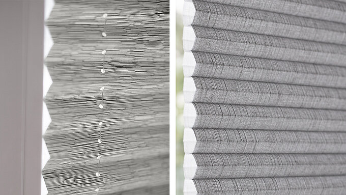 Linke Bildhälfte: klassisches Plissee mit SchnurlÜchern. Rechte Bildhälfte: Wabenplissee mit wabenfÜrmiger Struktur.