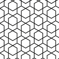 Lamellenvorhang mit schwarzem Hexagon-Muster auf weissem Grund.