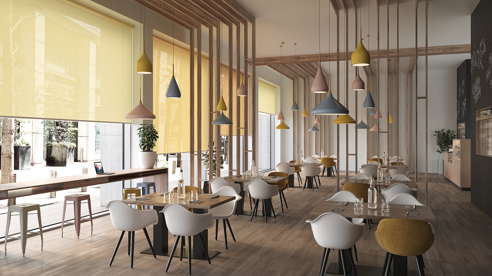 Gelbe, lichtdurchlässige Rollos in einem modern gestalteten CafÊ mit Holz- und Design-Elementen