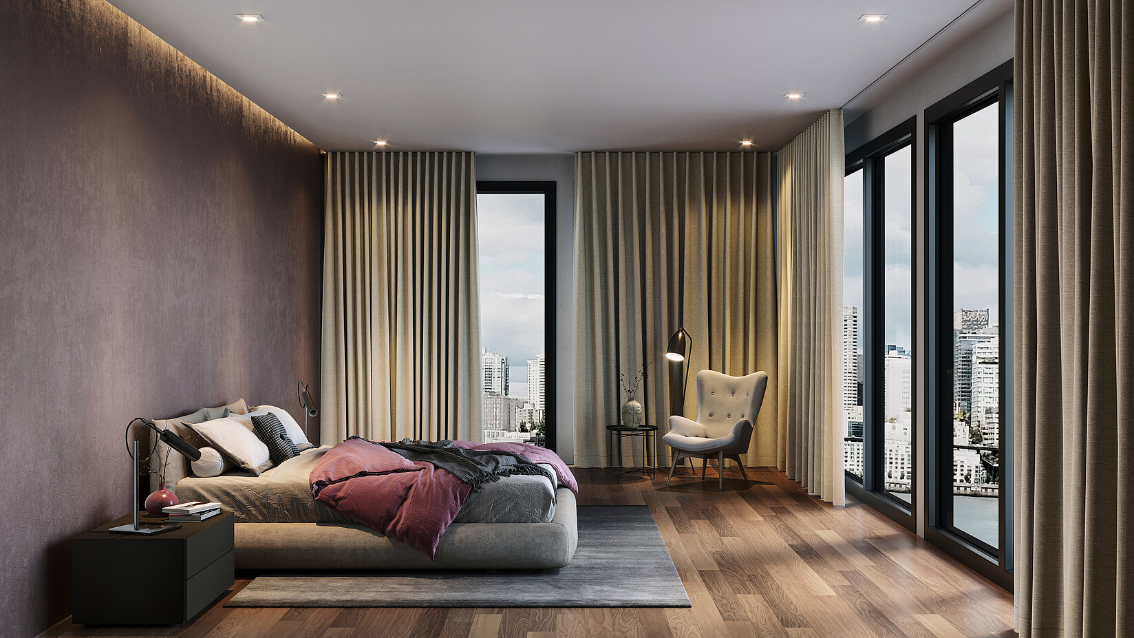 MHZ Vorhänge in Beige an bodentiefen Fenstern in einem stimmungsvoll beleuchteten Schlafzimmer mit Holzboden.