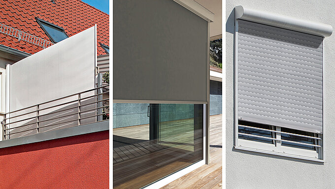 Drei nebeneinanderstehende Fotos zeigen eine Seitenmarkise, eine Senkrechtmarkise und einen Rollladen.