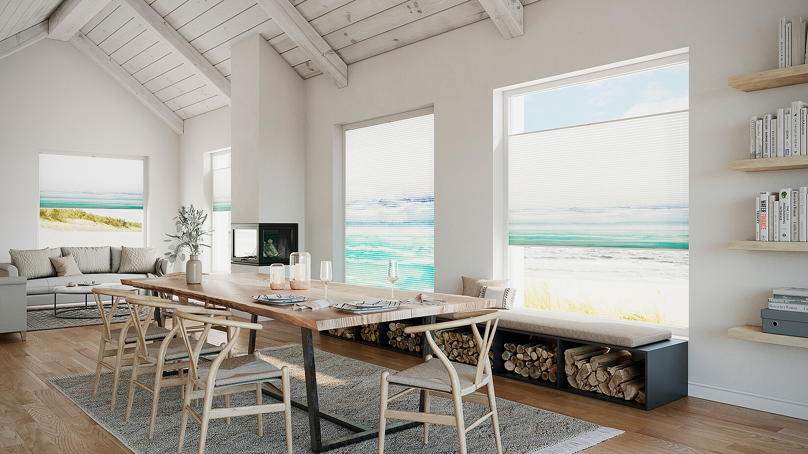 Skandinavisch eingerichteter Essbereich mit MHZ Duette® Plissee „Aqualand 6913“ mit Strandmotiv.