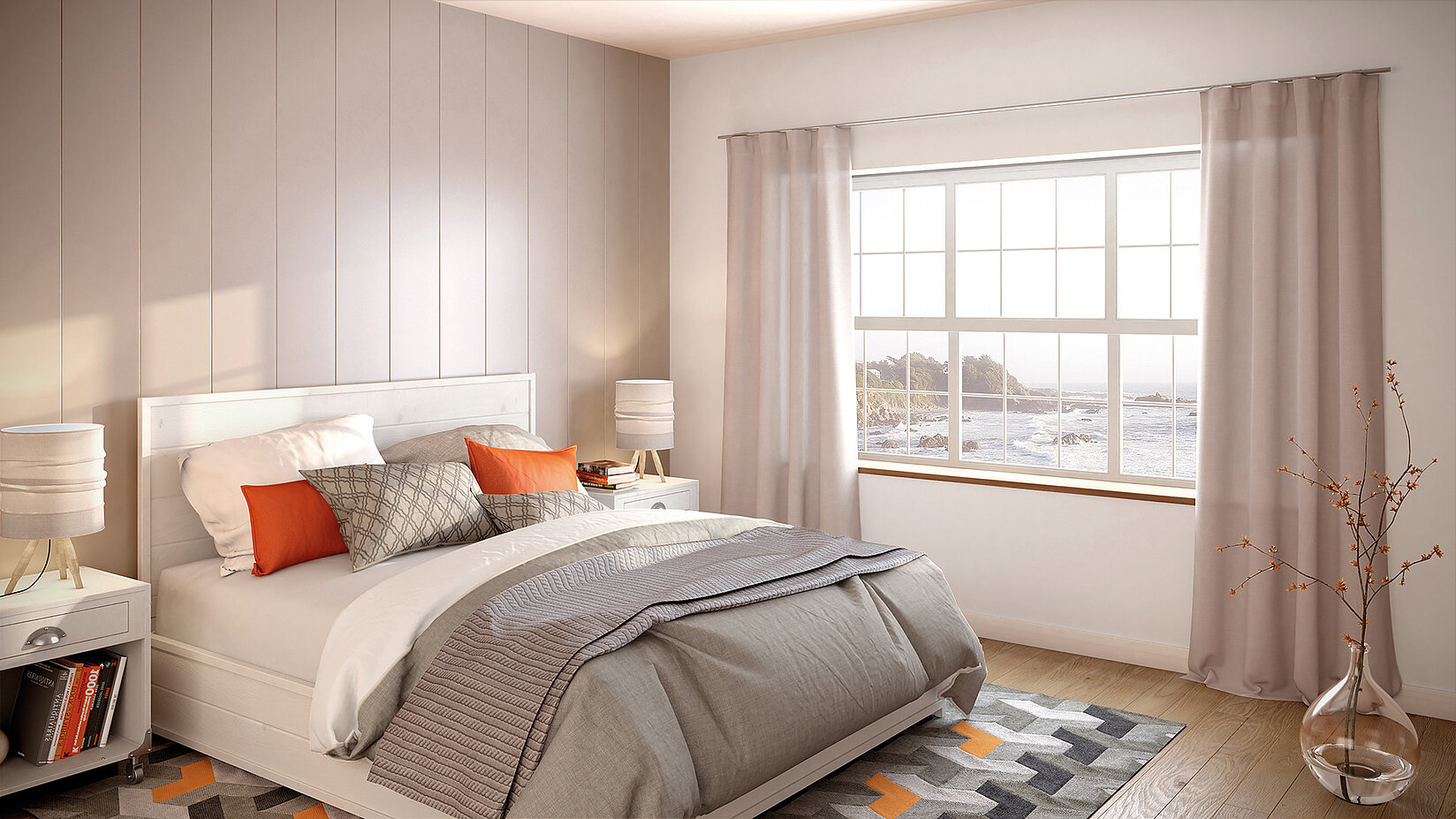 MHZ Vorhangschiene „Skalar Mini“ mit hellbeigen, lichtdurchlässigen Vorhängen in einem gemütlichen Schlafzimmer.