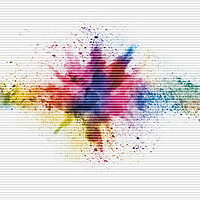 Zentrale Farbburst in Regenbogenfarben auf weissem Plisseestoff – Dessin „Colours 6600“.